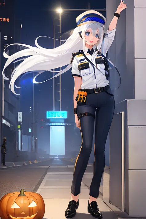 ((((1 girl)))), ((((solo)))), fullbody, ((((white hair)))), long hair, ((((blue eyes)))), happy, smile, 18 year old, dynamic angle,  (((police uniform))), Halloween cosplay, in tokyo