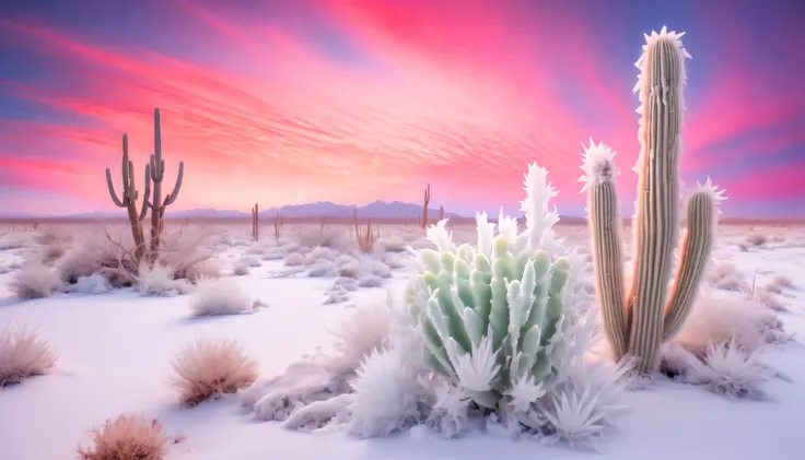 [Understated psychedelic] desert landscape, sparse vegetation, beautiful old (cactus) covered in a layer of crystalline (((Rime ice))) that sparkles under a surreal multicolored sky.