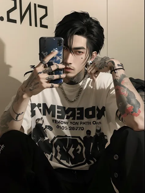 arafed man with a tattoo on his arm taking a selfie, Ulzzang macho, Cai Xukun, trending on r/streetwear, handsome japanese demon boy, japanese streetwear, moda streetwear, usando streetwear cyberpunk, Lil Peep, grunge aesthetic, Sul Coreano Masculino, hype...