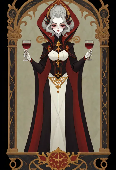 1 rapariga, The vampire holds a glass of wine, Medieval aristocratic costumes, Full body standing painting, (((独奏))), Clear facial features, Simple line design, ((tarot card background, symmetric beauty)), perfectly symmetrical, The art of symmetry, Standi...