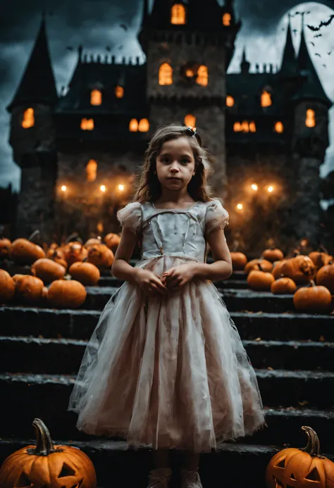 A girl in a castle, with pumpkins and bats, celebrating Halloween. (best quality, highres), dark and spooky atmosphere, with vivid colors and sharp focus, capturing the essence of this festive and haunting night.