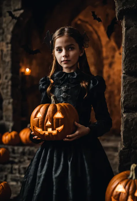 A girl in a castle, with pumpkins and bats, celebrating Halloween. (best quality, highres), dark and spooky atmosphere, with vivid colors and sharp focus, capturing the essence of this festive and haunting night.