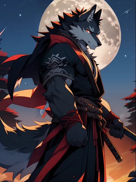 Furry，gray wolf，long whitr hair，Red pupils，holding a katana，Moon Sky，battle garment