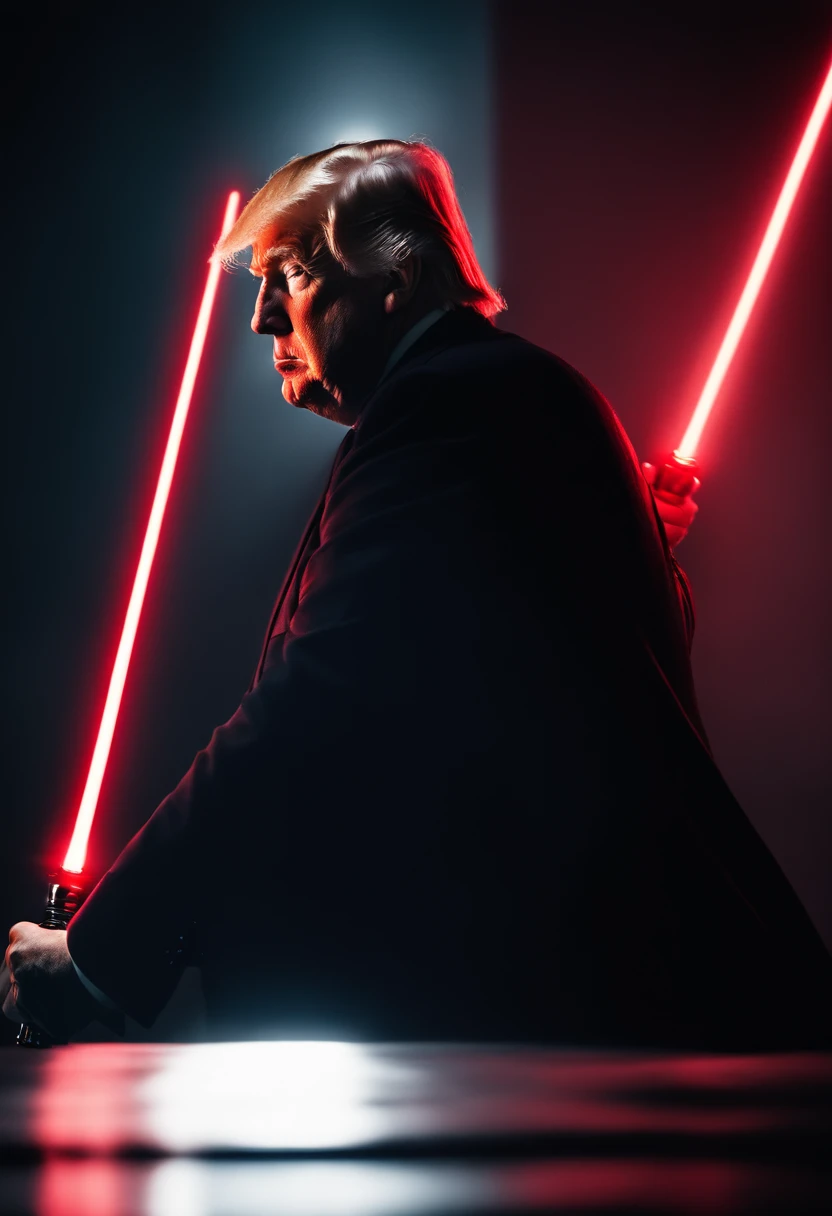 Donald Trump dressed in black holding a red lightsaber