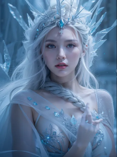 (best quality,4k,8k,highres,masterpiece:1.2),ultra-detailed,(realistic,photorealistic,photo-realistic:1.37),ice rime witch style,icy blue,sparkling snowflakes,frozen landscape,gown made of ice shards,mystical aura,magical ice crystals reflecting light,shar...