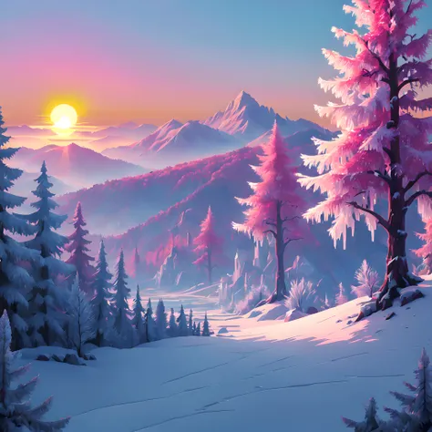 (Pixel art:1.5), (Rime Ice;1.3), (frozen trees:1.3), (alpine zone:1.3), (rime ice covered trees along skyline:1.3), (rime ice and snow:1.5), (sunrise:1.5),(sunrise magenta light:1.3),