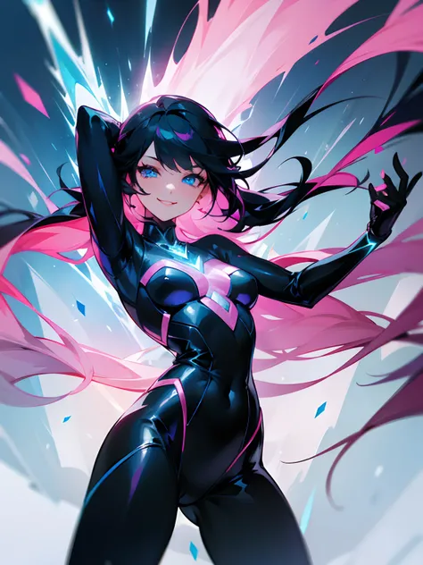 Female superhero, woman in a black suit, beautifule smile, clear skin, blue eye color, ability to control ice, the ice is has a pink color, pink ice all over the background, black hair with pink highlights, long hair.