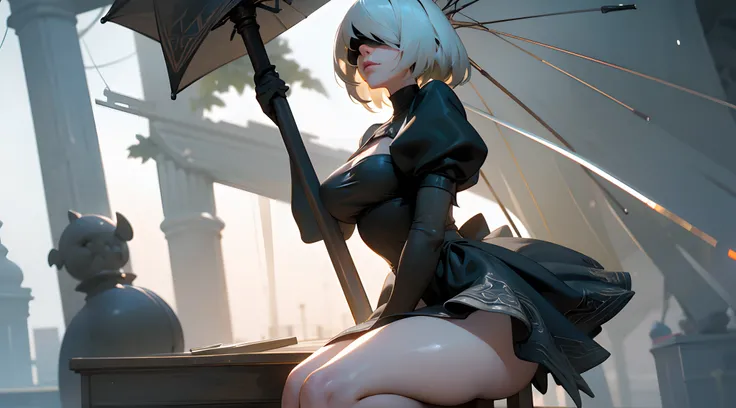 Yorha 2b , Nier, Nier automáta, 1mulher, (melhor qualidade, 4k, master part: 1.3), Beautiful woman, hyper-realistic, 1girl, (Sagging Tits, corpo atraente: 1.2), Squats: 1.1, (Wet Rain, chuva molhada, DAMP BODY: 1.2), Rosto ultra-detalhado, Detailed lips, o...