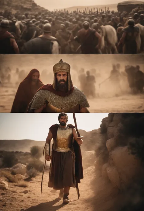 Scenes from biblical landscapes, A vivid depiction of the camp of the Philistines and the Israelites, and an epic image of Goliath in shining armor highlighting his gigantic stature ahead of David