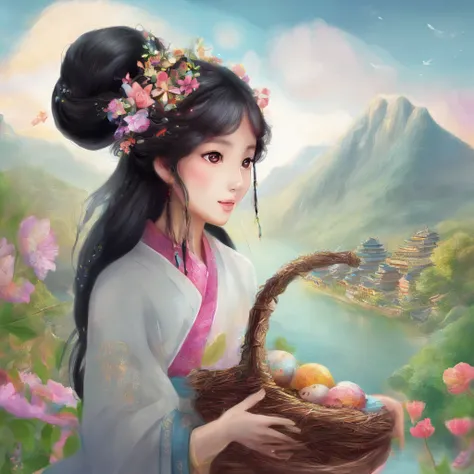 A Zhuang girl，Black hair，with a round face，largeeyes，The mouth smiles，Carry a basket full of fragrant cakes and flowers，I came to the foot of Oxhorn Mountain，I saw the mountains surrounded by mountains，surrounded by cloud，Its like a fairyland。