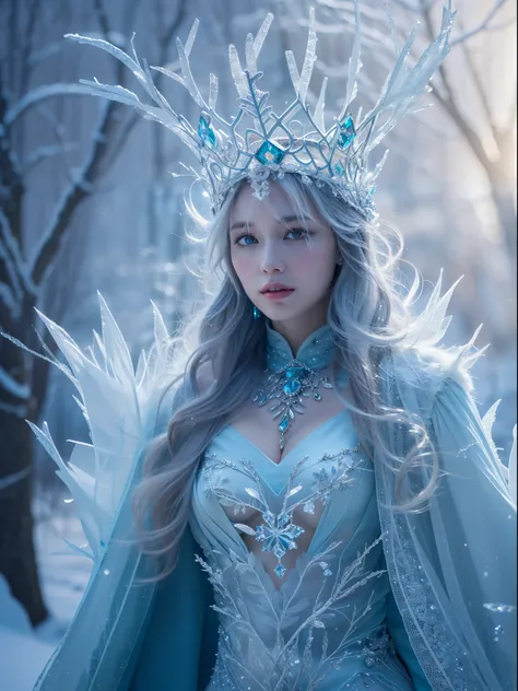 (best quality,4k,8k,highres,masterpiece:1.2),ultra-detailed,(realistic,photorealistic,photo-realistic:1.37),ice rime witch style,icy blue eye,sparkling snowflakes,frozen landscape,gown made of ice shards,mystical aura,magical ice crystals reflecting light,...