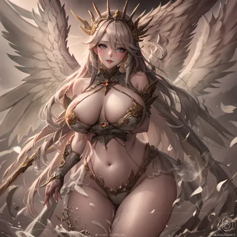 Quality over 8K, a female angel,Sexy,Long Blonde Hair,Anime,Goddess,Symmetrical blue eyes,Ultra detailed eyes,Transparent lingerie,forest,Sword,golden wings,Full body,hyperdetailed lips, hyperdetailed face, Double eyelids, Ultra Detailed feet,で,Beautiful l...