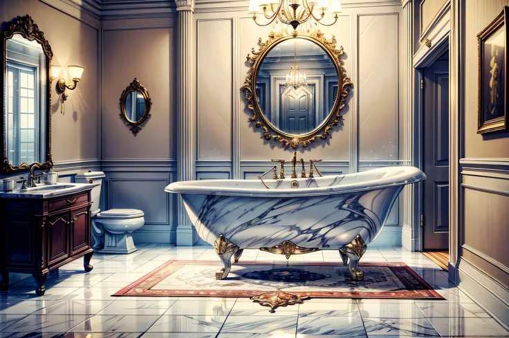 (Masterpiece, best quality, absurdres, 4k), A spacious bathroom, Marble walls, golden trim, soft lighting, crystal-clear faucet, plush towels, deep bathtube,porcelain sink,ornate mirror, toilet, expensive, elegant, opulent tiled floor, kaiser Empire style