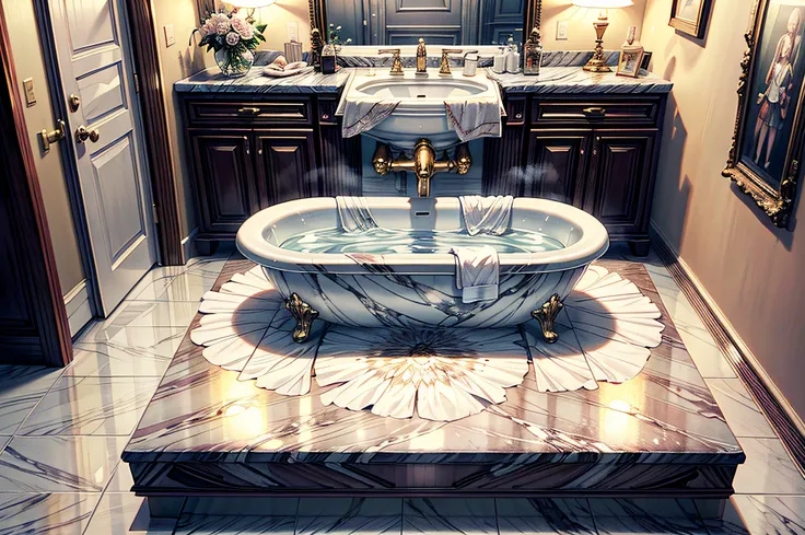 (Masterpiece, best quality, absurdres, 4k), A spacious bathroom, Marble walls, golden trim, soft lighting, crystal-clear faucet, plush towels, deep bathtube,porcelain sink,ornate mirror, toilet, expensive, elegant, opulent tiled floor, kaiser Empire style