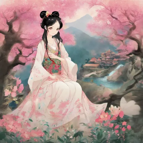 A Zhuang girl，Black hair，with a round face，largeeyes，The mouth smiles，Carry a basket full of fragrant cakes and flowers，I came to the foot of Oxhorn Mountain，I saw mountains surrounding，surrounded by cloud，Its like a fairyland。