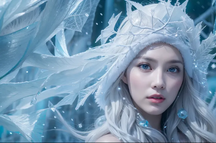 (best quality,4k,8k,highres,masterpiece:1.2),ultra-detailed,(realistic,photorealistic,photo-realistic:1.37),ice rime witch style,icy blue eye,sparkling snowflakes,frozen landscape,gown made of ice shards,mystical aura,magical ice crystals reflecting light,...