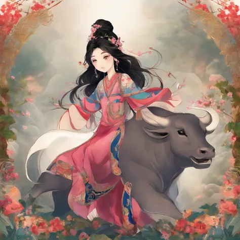 A Zhuang girl，Black hair，with a round face，largeeyes，The mouth smiles，She went up the mountain road，Climb tirelessly。When she reached the top of the mountain，A magnificent sight unfolded before her eyes。At the top of the hill stands a glittering golden tem...