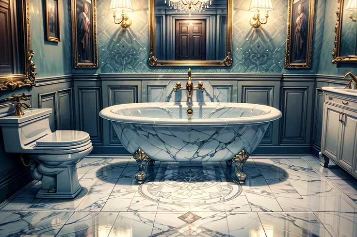 (Masterpiece, best quality, absurdres, 4k), A bathroom, Marble walls, golden trim, soft lighting, crystal-clear faucet, plush towels, deep bathtube,porcelain sink,ornate mirror, toilet, expensive, elegant, opulent tiled floor, kaiser Empire style, long dis...