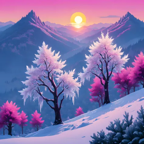 (Pixel art:1.5), (Rime Ice;1.3), (frozen trees:1.3), (alpine zone:1.3), (rime ice covered trees along skyline:1.3), (rime ice and snow:1.5), (sunrise:1.5),(sunrise light:1.3),(morning glow:1.3), (magenta:1.3),