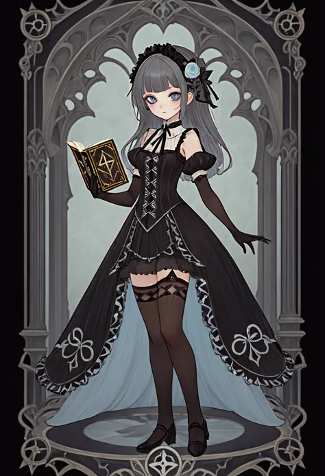 1 little girls, holding a book, gothic lolita costumes, full body standing painting, (((独奏))), clear facial features, simple lin...