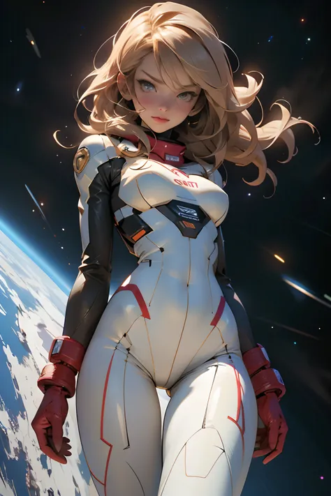 sandy hair fit body large breasts slender thighs slender waist pilot suit solo looking at viewer in space long hair blushing determination, 8k, extreme detail,