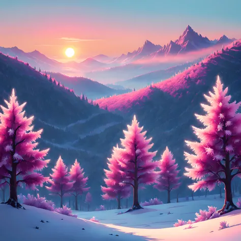 (Pixel art:1.5), (Rime Ice;1.3), (frozen trees:1.3), (alpine zone:1.3), (rime ice covered trees along skyline:1.3), (rime ice and snow:1.5), (sunrise:1.5),(sunrise light:1.3),(morning glow:1.3), (magenta:1.3),