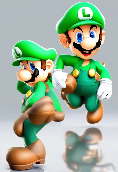 (luigi), character design, Nintendo Luigi, (brown eyes, green hat, green suit, green suspenders, white gloves,) super cute blind box style, Chibi, full body, exaggerated expressions and actions, clean background, bright iridescent highlights , studio light...