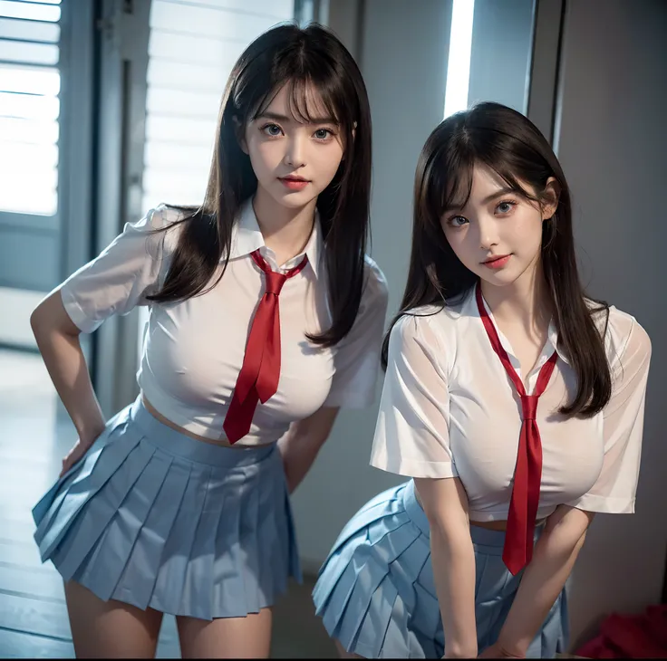 top-quality, 4K picture quality, ​masterpiece, (Professional lighting without shadows), A hyper-realistic, (perfect anatomia), Two girls, (Proudly stand in front of the camera、With a girl showing off a ribbon tie, The other girl on the other side is bendin...