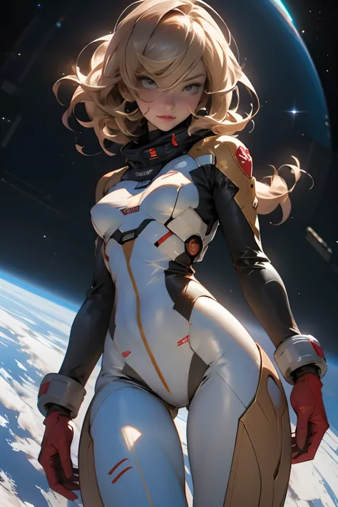 sandy hair fit body large breasts slender thighs slender waist pilot suit solo looking at viewer in space long hair blushing determination, 8k, extreme detail,