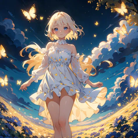 Feature a carefree girl in a windswept field of flowers, surrounded by glowing butterflies. Stars illuminate the sky, and the sun casts a warm glow. Add bokeh for a dreamy touch. distant view, starlight, butterflies, masterpiece, best quality,HDR.UHD.4K,8K...