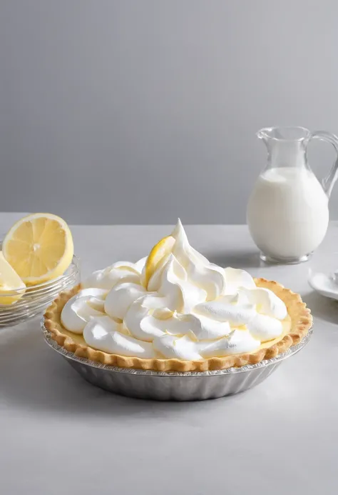 Close-up of the kitchen counter，Lemon meringue pie on the countertop，Blander，Egg shells，Glass bowl with egg whites，whipped cream，lemons，Official product photo, smooth clean surfaces, an award winning masterpiece, professional food photography,  highly deta...