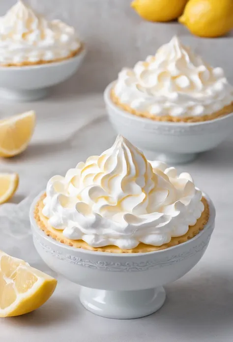 Close-up of the kitchen counter，Lemon meringue pie on the countertop，Blander，Egg shells，Glass bowl with egg whites，whipped cream，lemons，Official product photo, smooth clean surfaces, an award winning masterpiece, professional food photography,  highly deta...