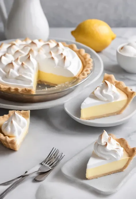 Close-up of the kitchen counter，Lemon meringue pie on the countertop，Blander，Egg shells，Glass bowl with egg whites，whipped cream，lemons，Official product photo, smooth clean surfaces, an award winning masterpiece, professional food photography,  highly deta...