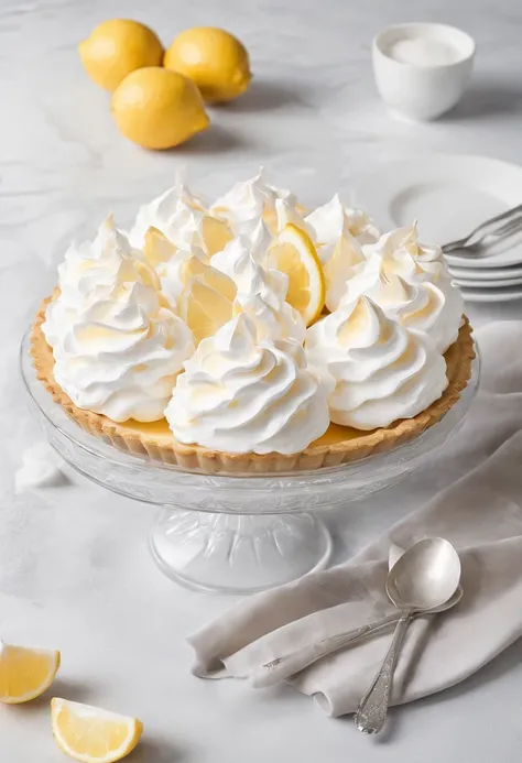 Close-up of the kitchen counter，Lemon meringue pie on the countertop，Blander，Egg shells，Glass bowl with egg whites，whipped cream，lemons，Official product photo, smooth clean surfaces, an award winning masterpiece, professional food photography,  highly deta...