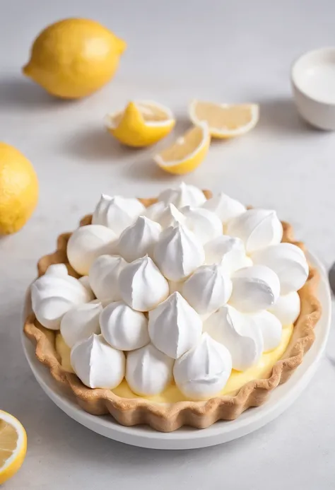 Close-up of the kitchen counter，Lemon meringue pie on the countertop，Blander，Egg shells，Glass bowl with egg whites，whipped cream，lemons，Official product photo, smooth clean surfaces, an award winning masterpiece, professional food photography, highly detai...