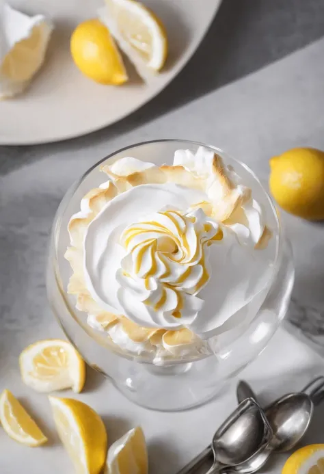 Close-up of the kitchen counter，Lemon meringue pie on the countertop，Blander，Egg shells，Glass bowl with egg whites，whipped cream，lemons，Official product photo, smooth clean surfaces, an award winning masterpiece, professional food photography, highly detai...