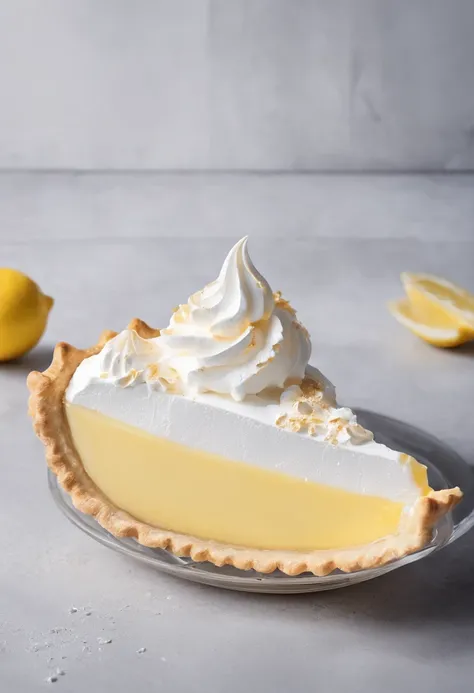 Close-up of the kitchen counter，Lemon meringue pie on the countertop，Blander，Egg shells，Glass bowl with egg whites，whipped cream，lemons，Official product photo, smooth clean surfaces, an award winning masterpiece, professional food photography, highly detai...