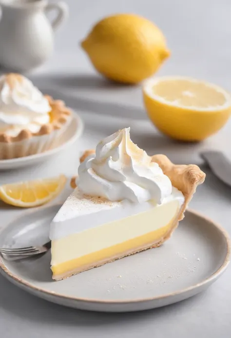 Close-up of the kitchen counter，Lemon meringue pie on the countertop，Blander，Egg shells，Glass bowl with egg whites，whipped cream，lemons，Official product photo, smooth clean surfaces, an award winning masterpiece, professional food photography, highly detai...