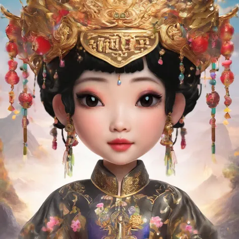 A Zhuang girl，Black hair，with a round face，largeeyes，She sincerely prayed to the god Ox King in the Ox King Temple，Offer your own products，And sincerely pray to the god of the ox king