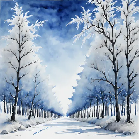 (ink and watercolor painting:1.5), (Landscape painting:1.5), (Tasteful:1.5), (ink and watercolor painting:1.5), (Chinese style:1.5), (rime ice:1.5), (rime ice:1.5), (ice crystals:1.5), (rime ice covered the trees:1.5), (frozen trees:1.5), (Trees in a row:1...