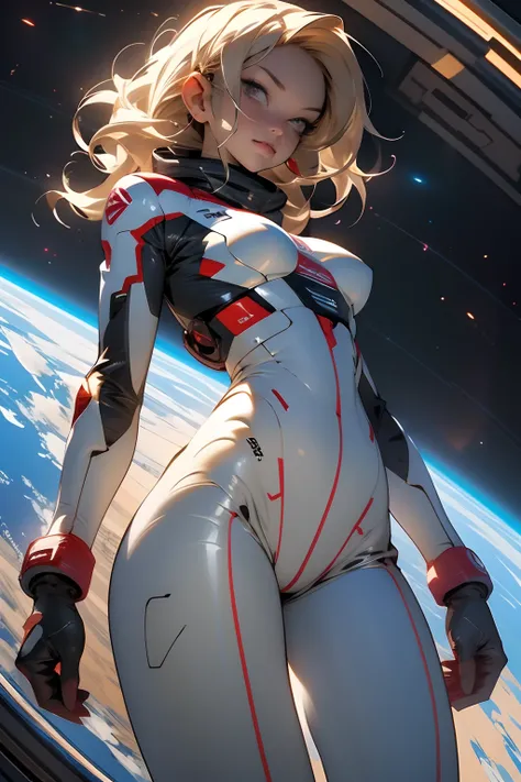 sandy hair fit body large breasts slender thighs slender waist pilot suit solo looking at viewer in space long hair blushing determination, 8k, extreme detail,