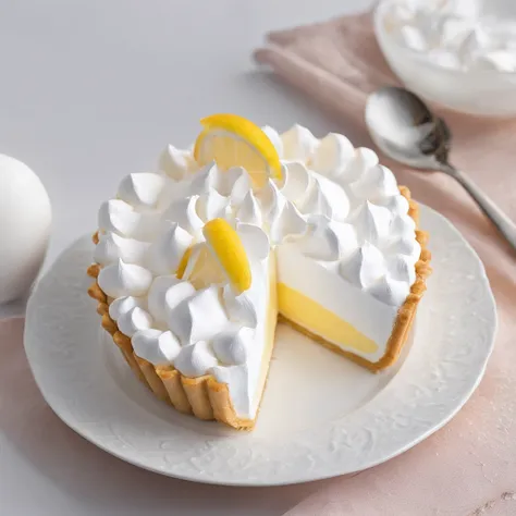 Close-up of the kitchen counter，Lemon meringue pie on the countertop，Blander，Egg shells，Glass bowl with egg whites，whipped cream，lemons，Official product photo, smooth clean surfaces, an award winning masterpiece, professional food photography, highly detai...