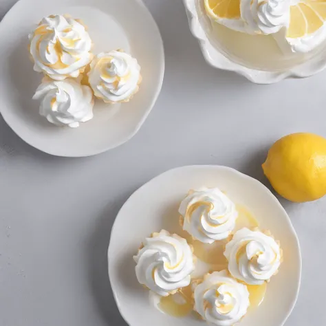 Close-up of the kitchen counter，Lemon meringue pie on the countertop，Blander，Egg shells，Glass bowl with egg whites，whipped cream，lemons，Official product photo, smooth clean surfaces, an award winning masterpiece, professional food photography, highly detai...