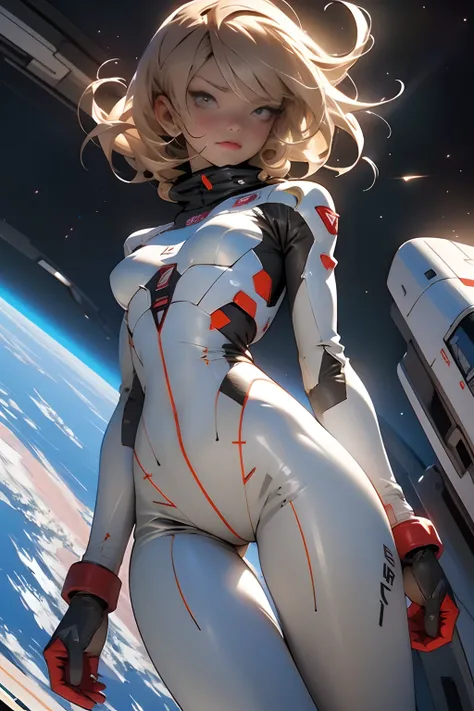 sandy hair fit body large breasts slender thighs slender waist pilot suit solo looking at viewer in space long hair blushing determination, 8k, extreme detail,