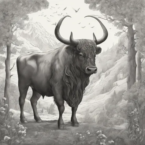 The bull king god swings the majestic ox tail，Make an arc at the top of the mountain，sudden，A clear spring gushed out，Flows to the village below the mountain。