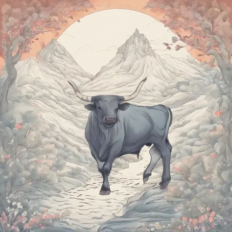 The bull king god swings the majestic ox tail，Make an arc at the top of the mountain，sudden，A clear spring gushed out，Flows to the village below the mountain。