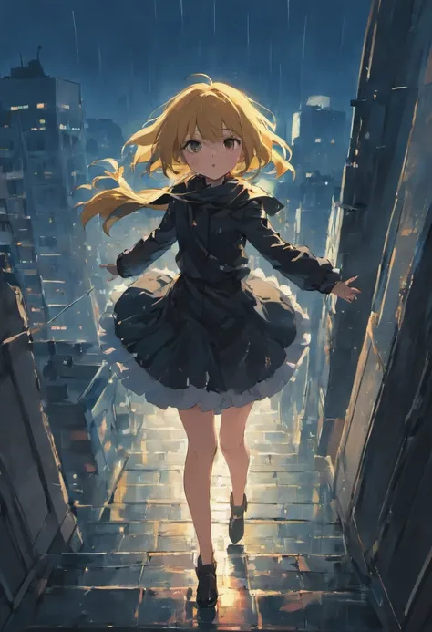 A rooftop scene with Lily chasing a mysterious figure dressed in black. The city lights and rain create a dynamic and high-stakes atmosphere.