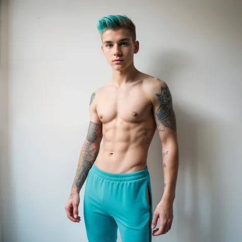 Young male, tight joggers, topless, skinny body, tattoo, 16yo, cyan hair