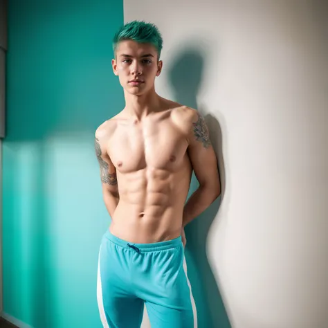 Young male, tight joggers, topless, skinny body, tattoo, 16yo, cyan hair