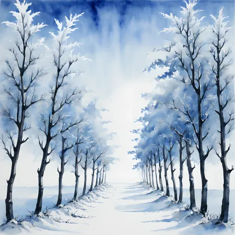 (ink and watercolor painting:1.5), (Landscape painting:1.5), (Tasteful:1.5), (ink and watercolor painting:1.5), (Chinese style:1.5), (rime ice:1.5), (rime ice:1.5), (ice crystals:1.5), (rime ice covered the trees:1.5), (frozen trees:1.5), (Trees in a row:1...